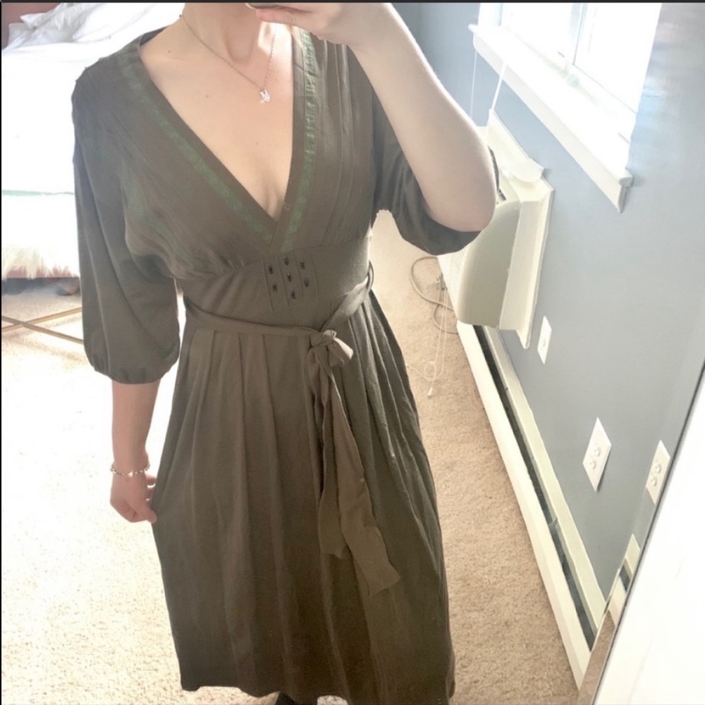 Anthro burning torch olive tie waist midi dress